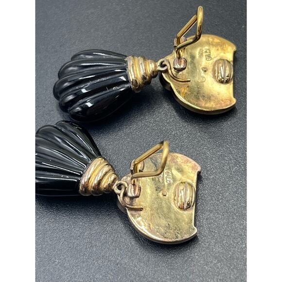 Kylo Vintage Sterling Silver Vermeil Obsidian Garnet Gem Clip On Runway Earrings
